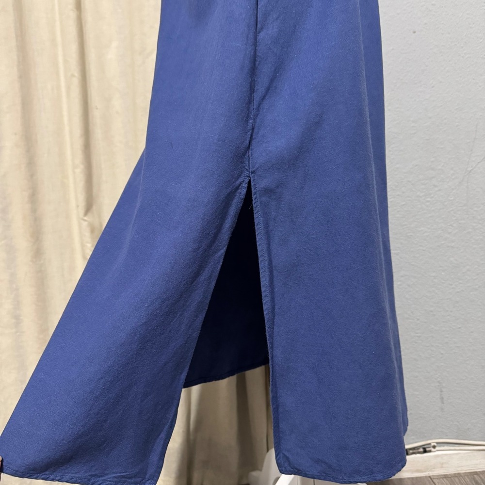 Adeline Cottagecore Blue Linen Blend Midi Dress L Bow Sweetheart Neck Smocked - Picture 5 of 13